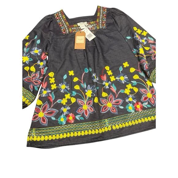 Tru Luxe Jeans Top Size S  Square Neck Blue Colorful Embroidery Floral - Picture 10 of 11